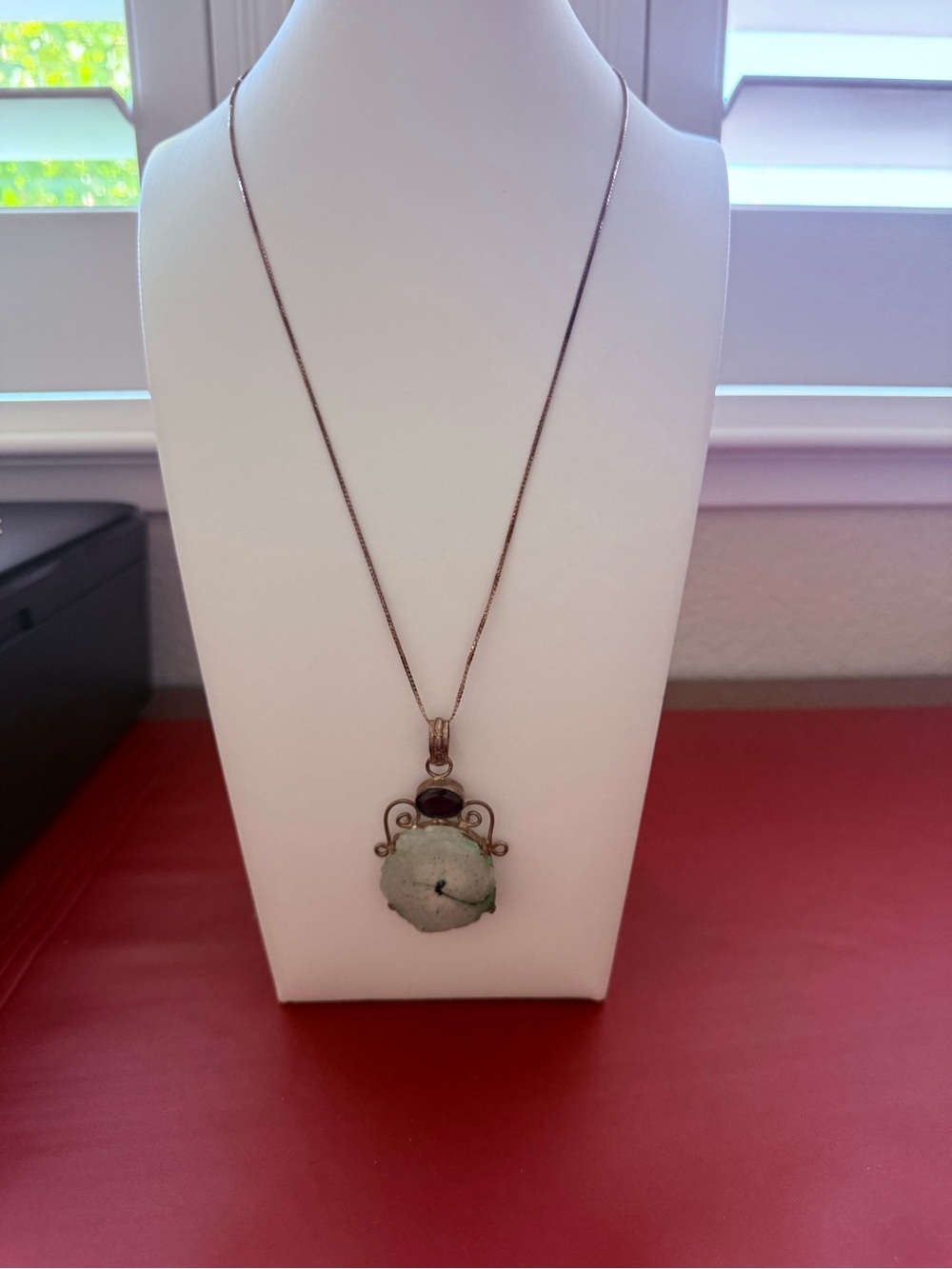 Artisan White & Green Geode Necklace Pendant w/Dark Blue Oval Accent Gemstone